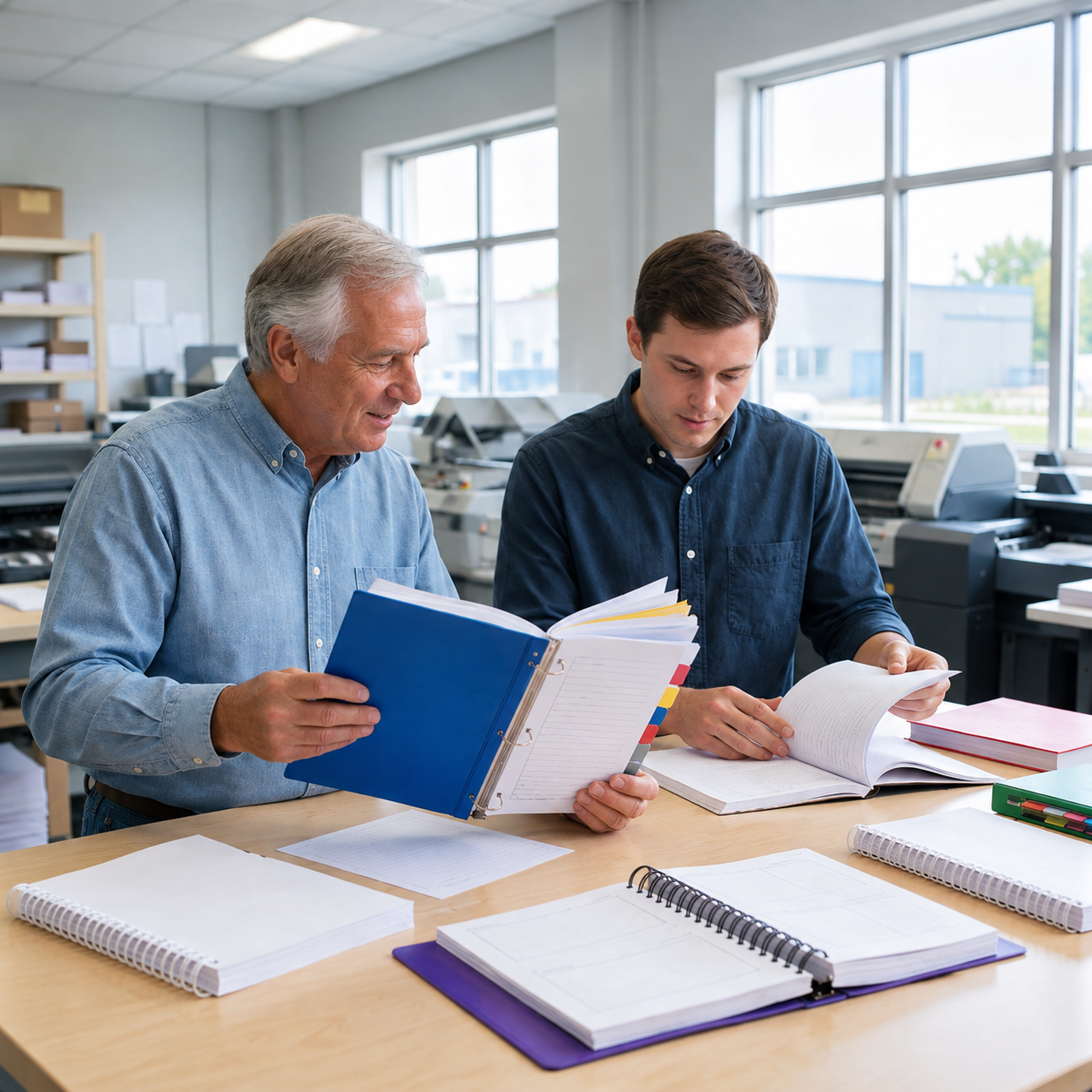 Printing shop staff reviewing binders