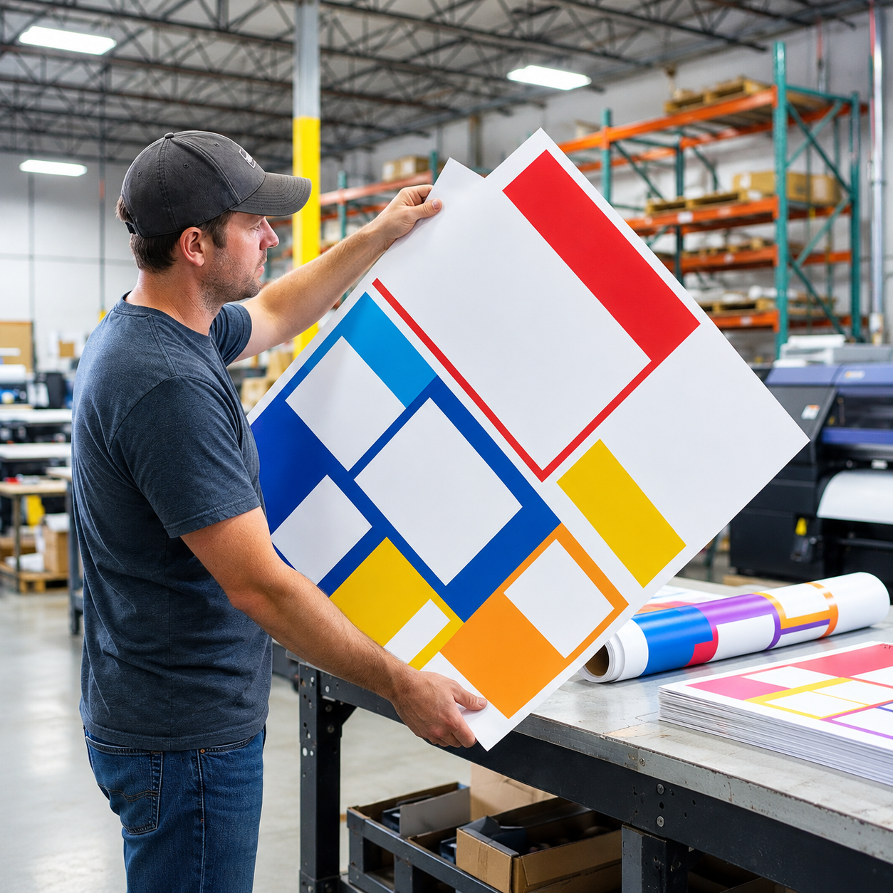 Worker inspecting large-format printed signage in warehouse.