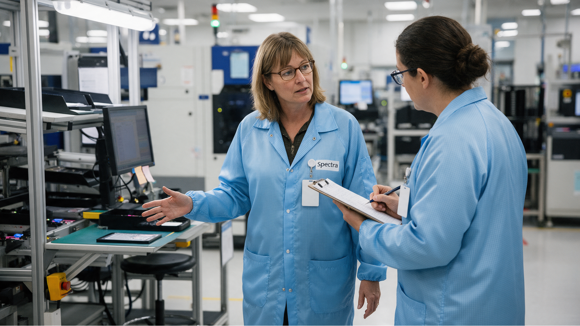 Spectra staff discussing lab equipment