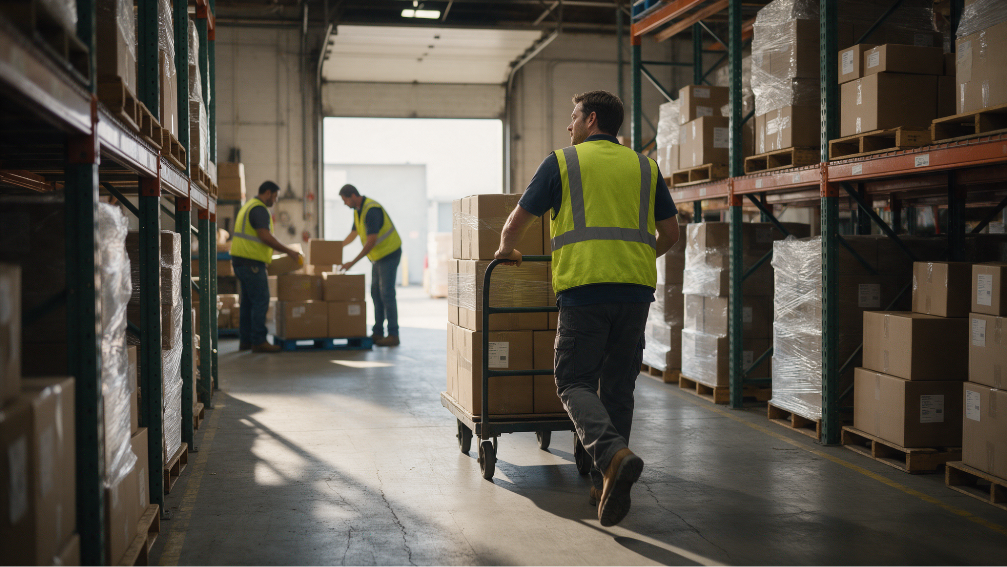 Warehouse workers moving boxes near shelving