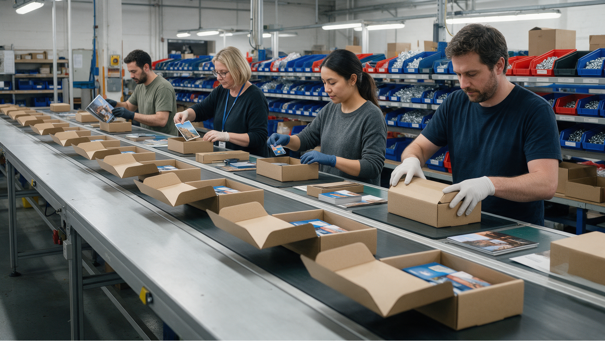 Workers packing boxes assembly line