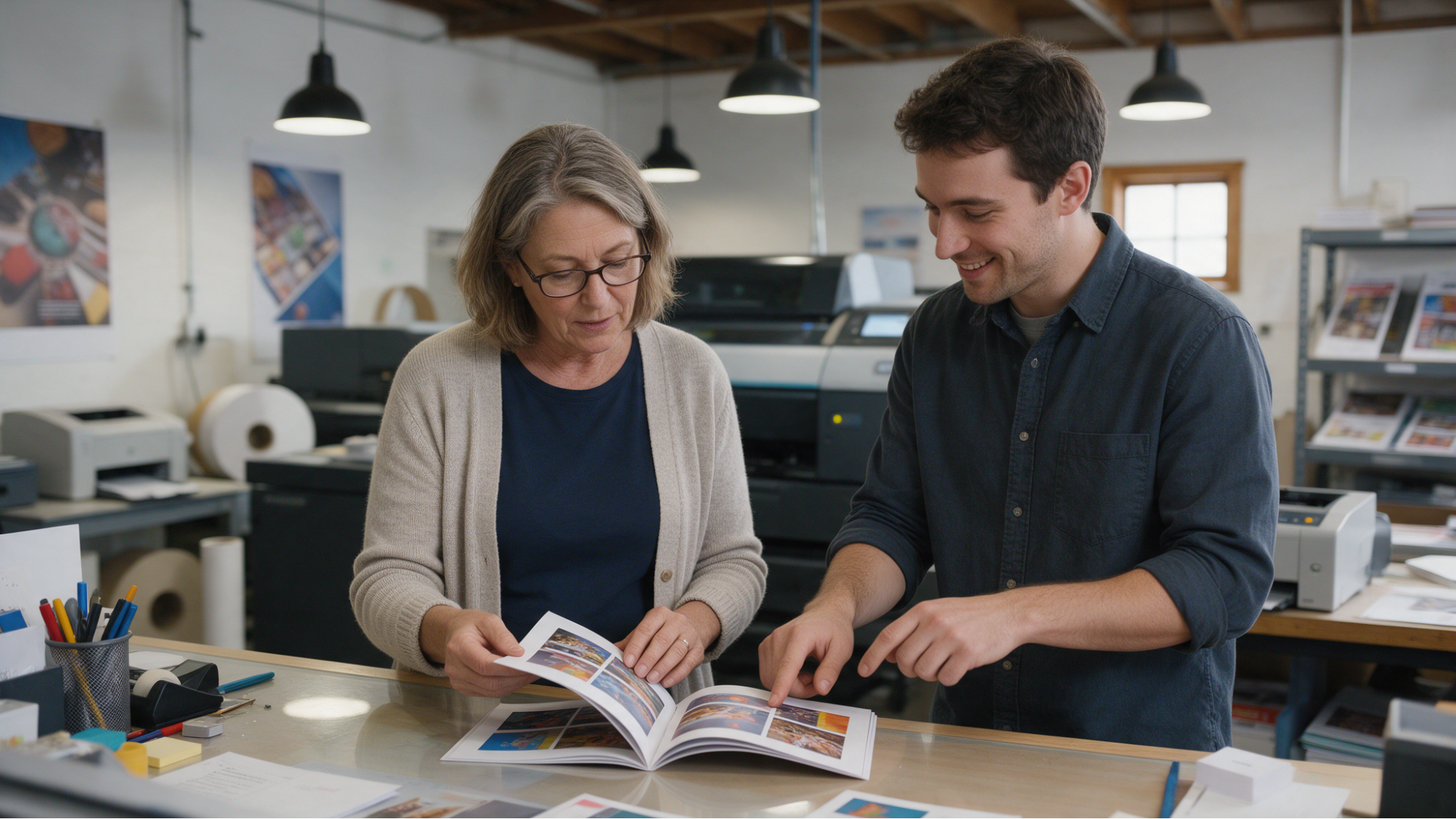 Printing team reviewing sample materials