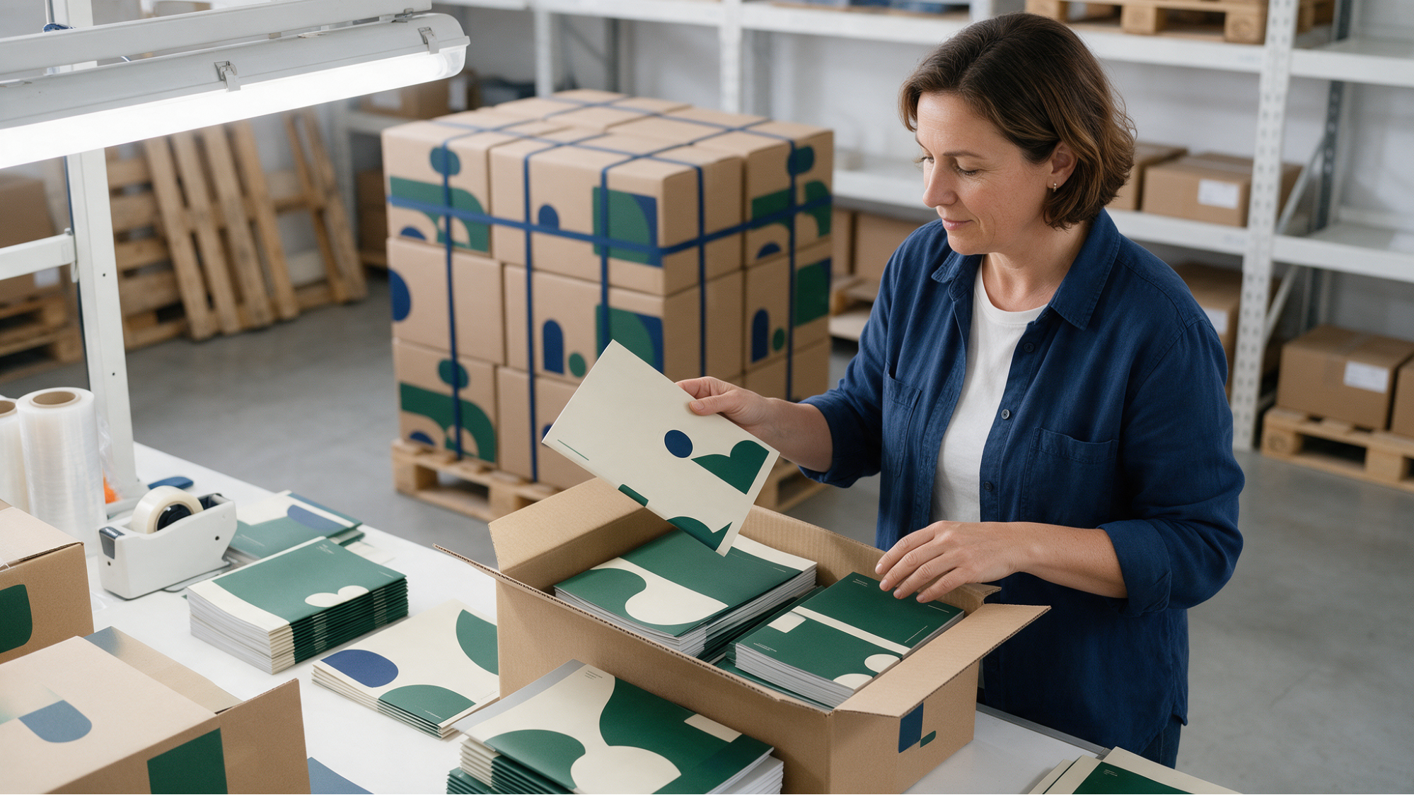 Woman packing printed materials into boxes in warehouse.