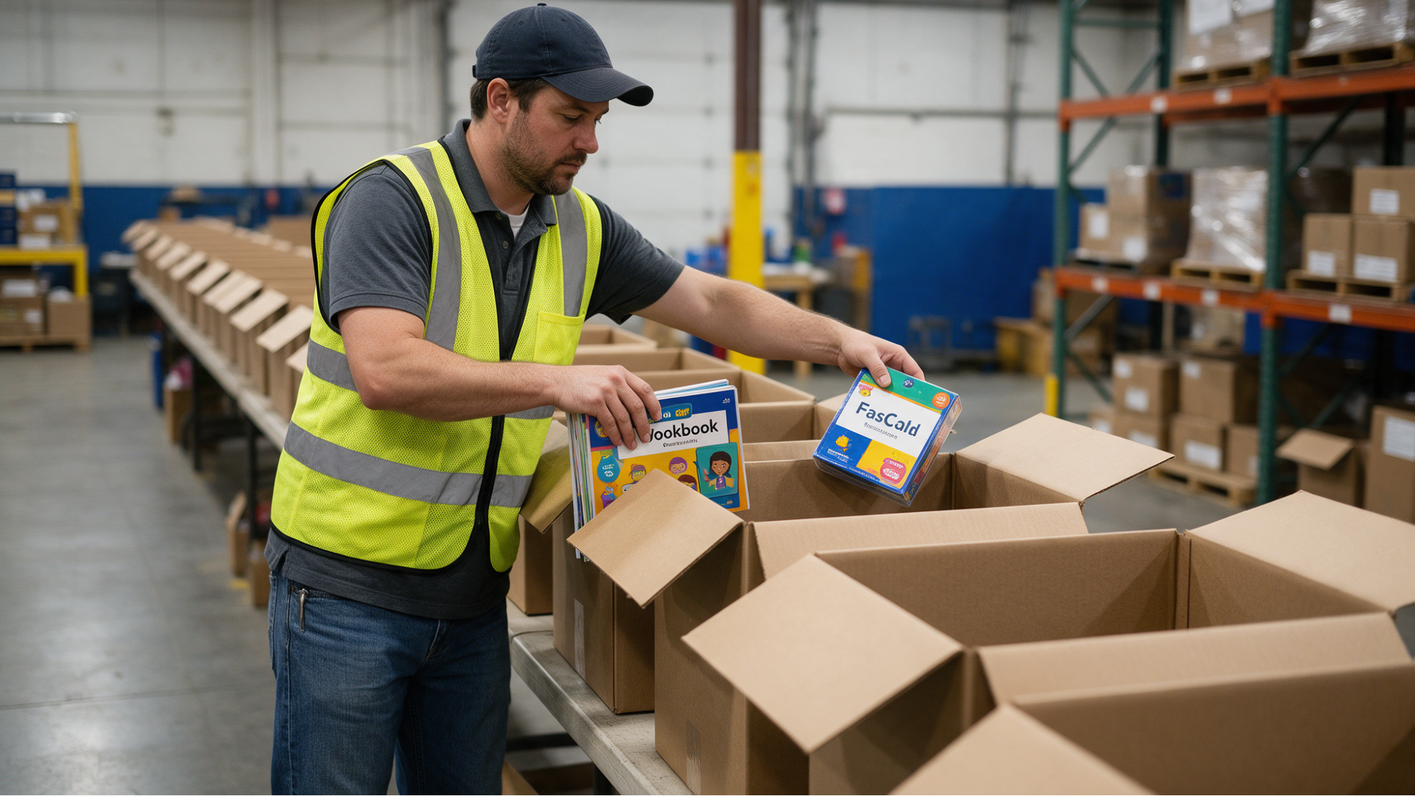 Worker sorting items into boxes