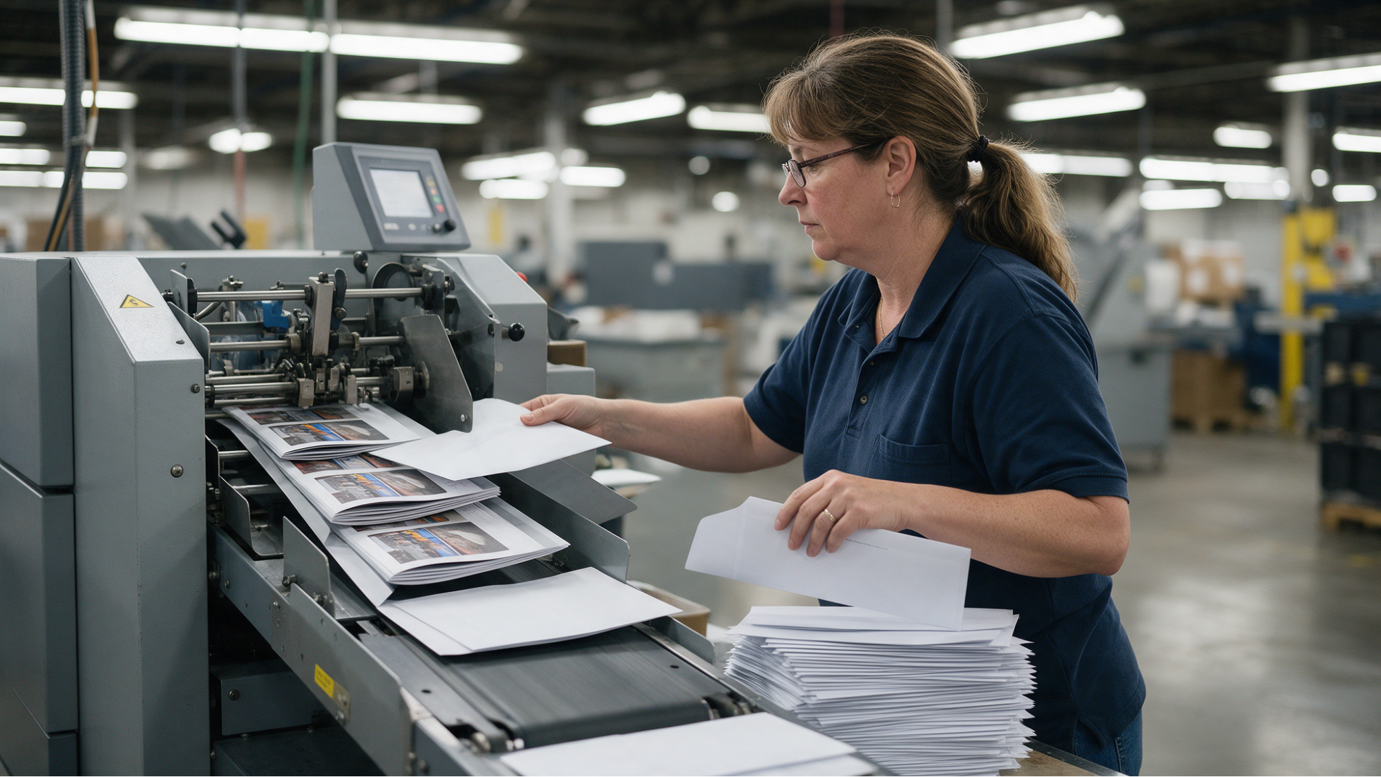 Woman operating envelope stuffing machine