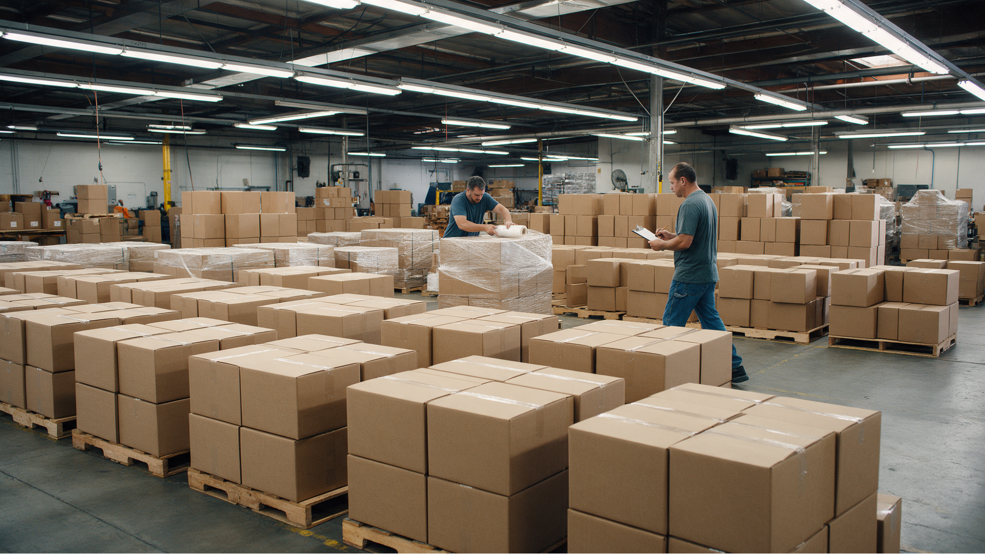 Workers inventorying palletized warehouse boxes