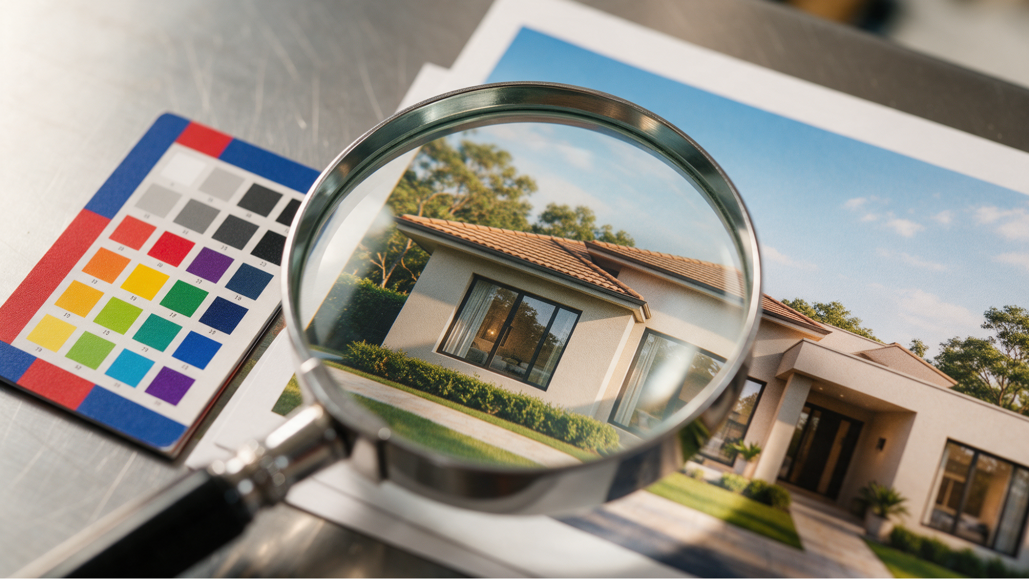 Magnifying glass inspecting printed house image.