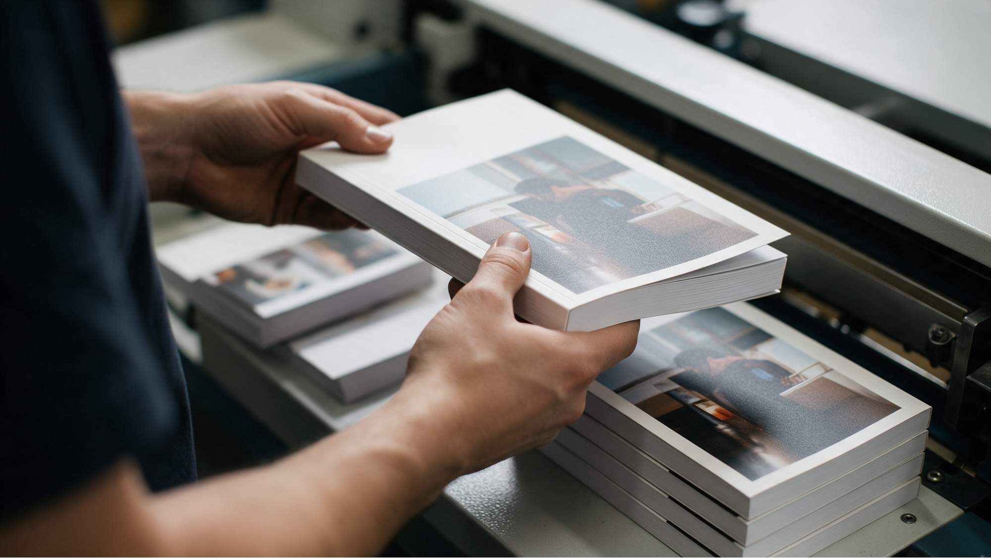Worker handling printed booklets.