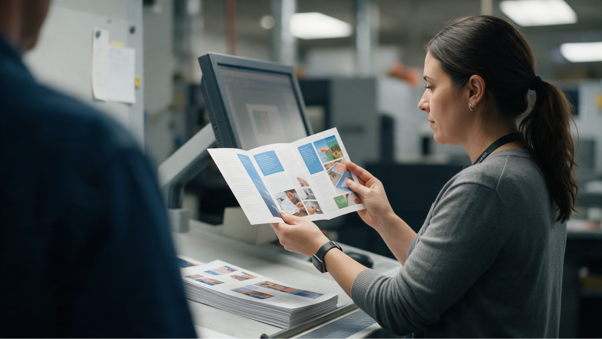 Woman inspecting printed brochure quality