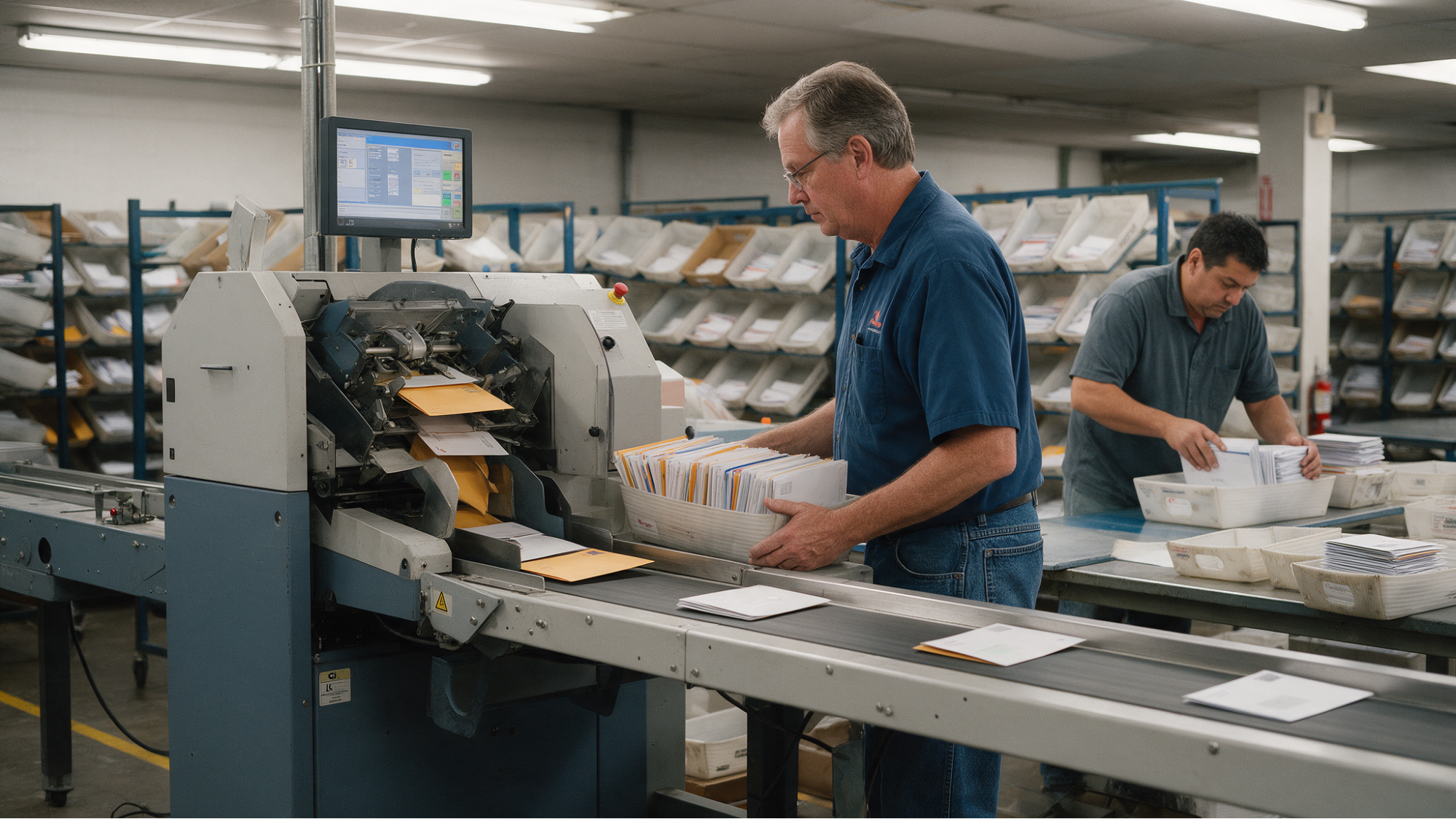 Workers operating mail sorting machine