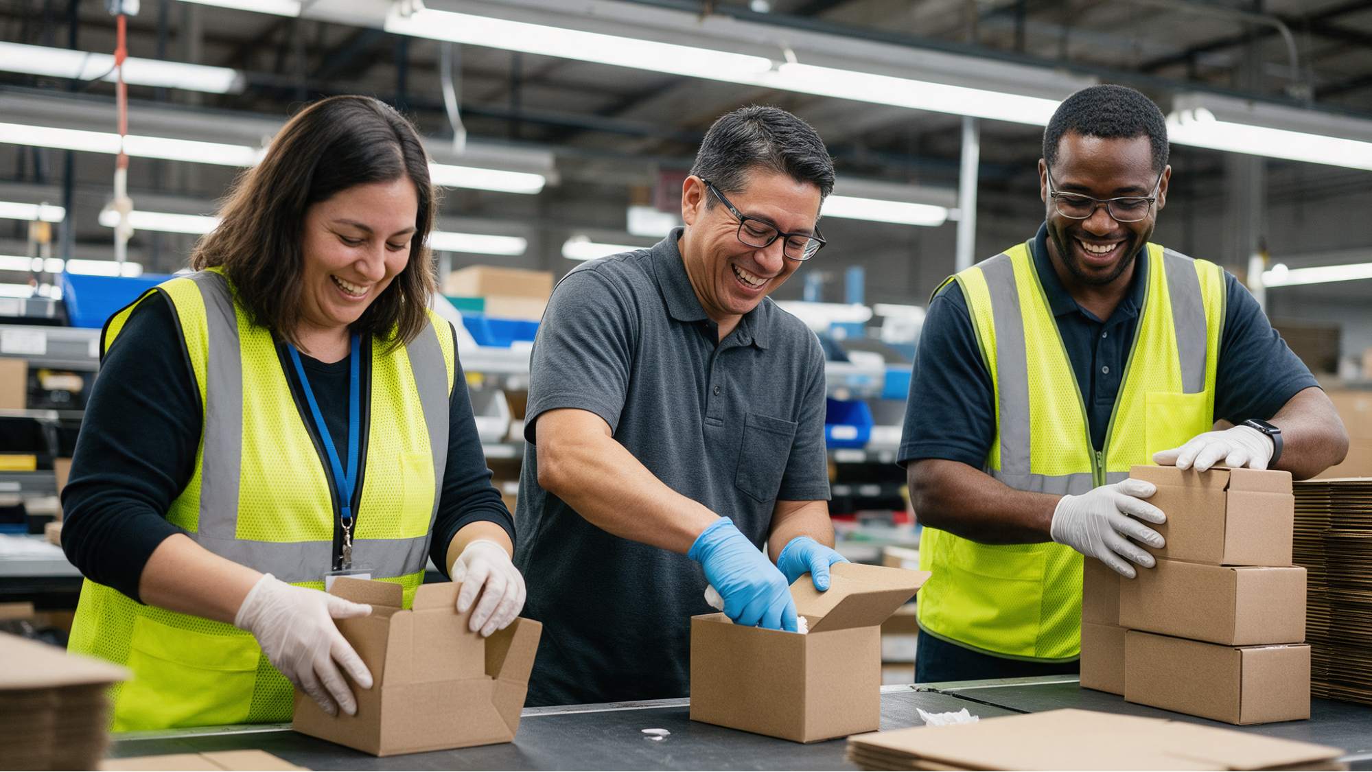 Smiling workers packing boxes
