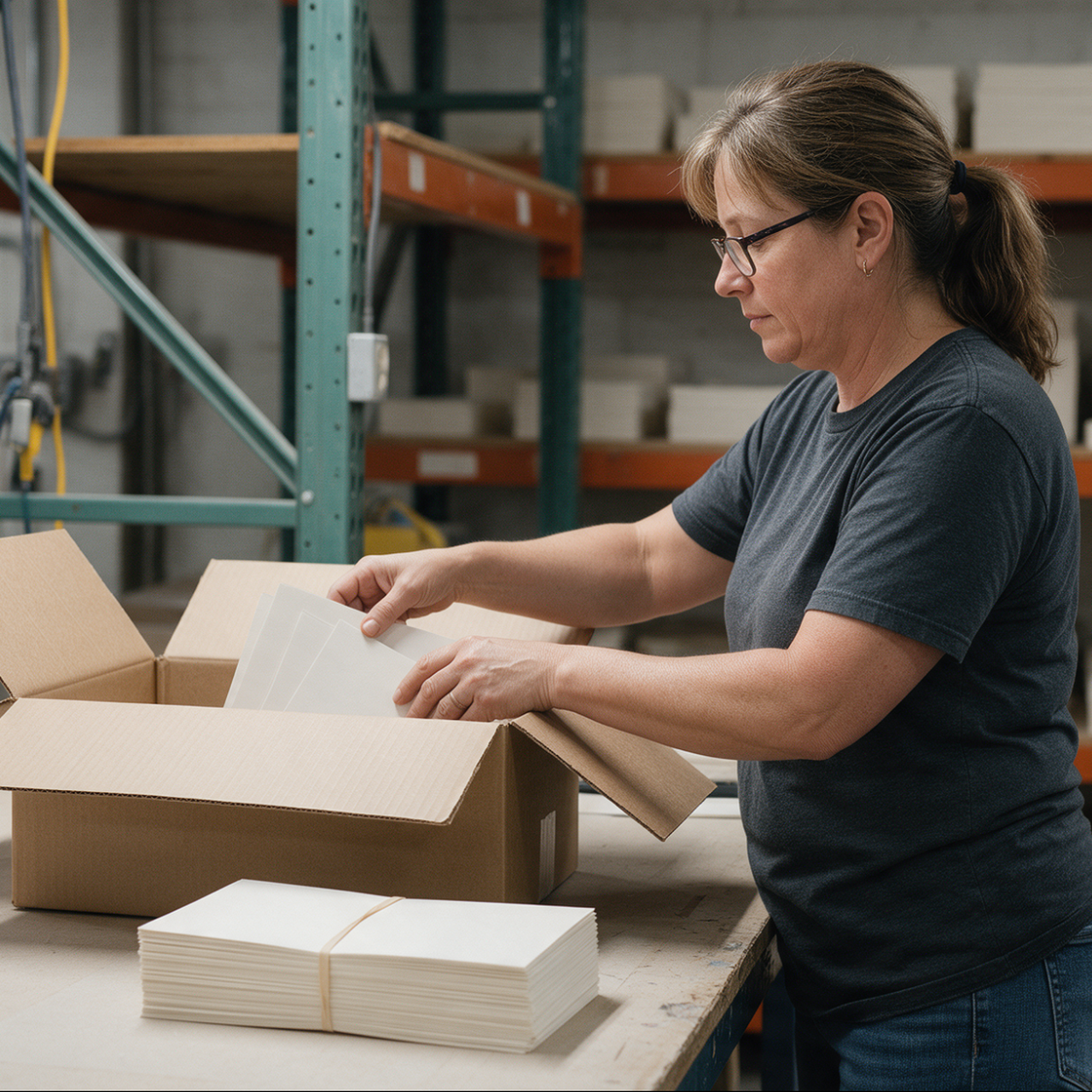 Woman packing paper stacks into box
