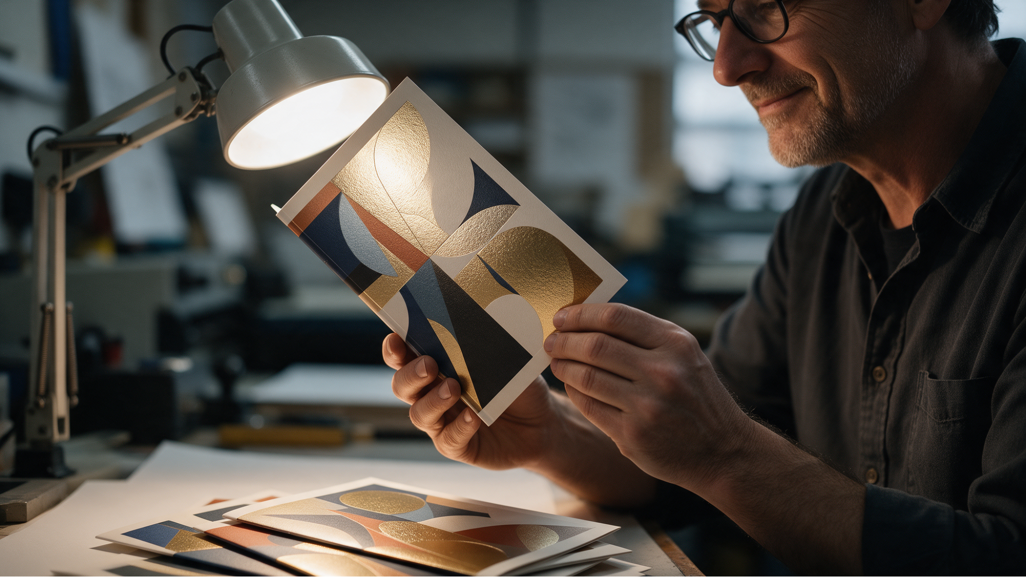 Man examining gold foil print