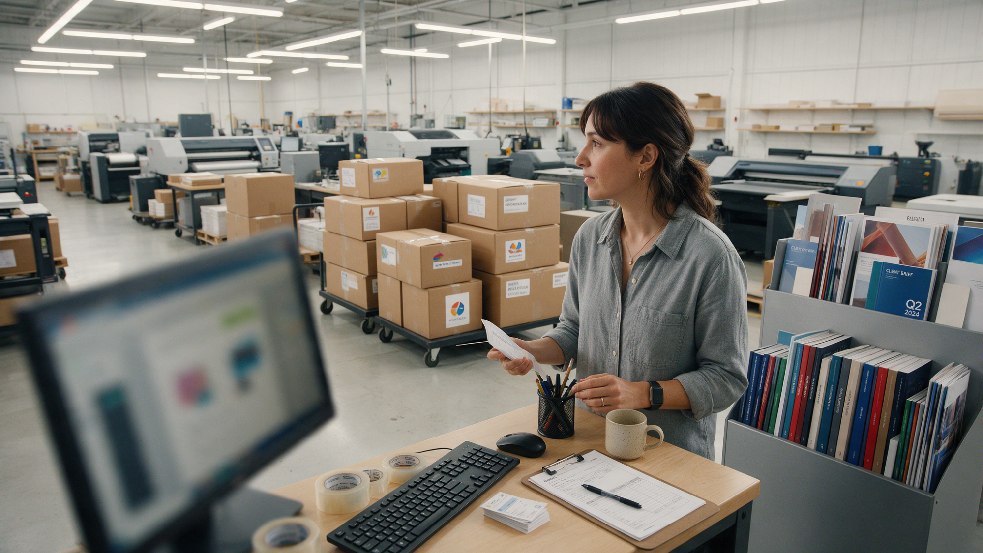 Woman managing printing and fulfillment operations in warehouse.