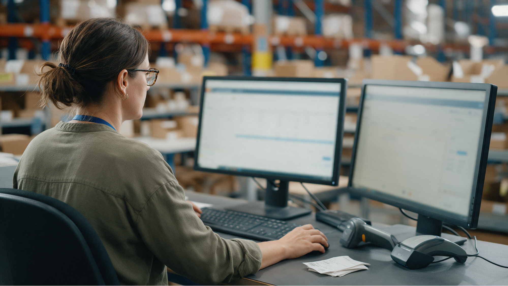Warehouse worker managing inventory on dual monitors