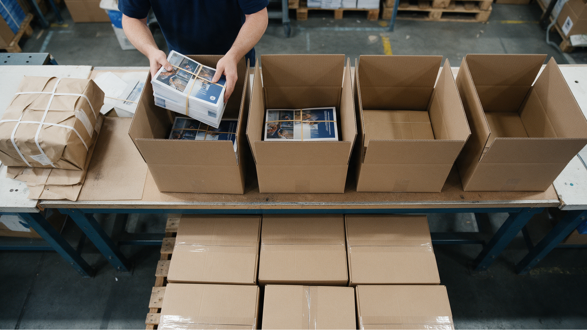 orker packing brochures into boxes