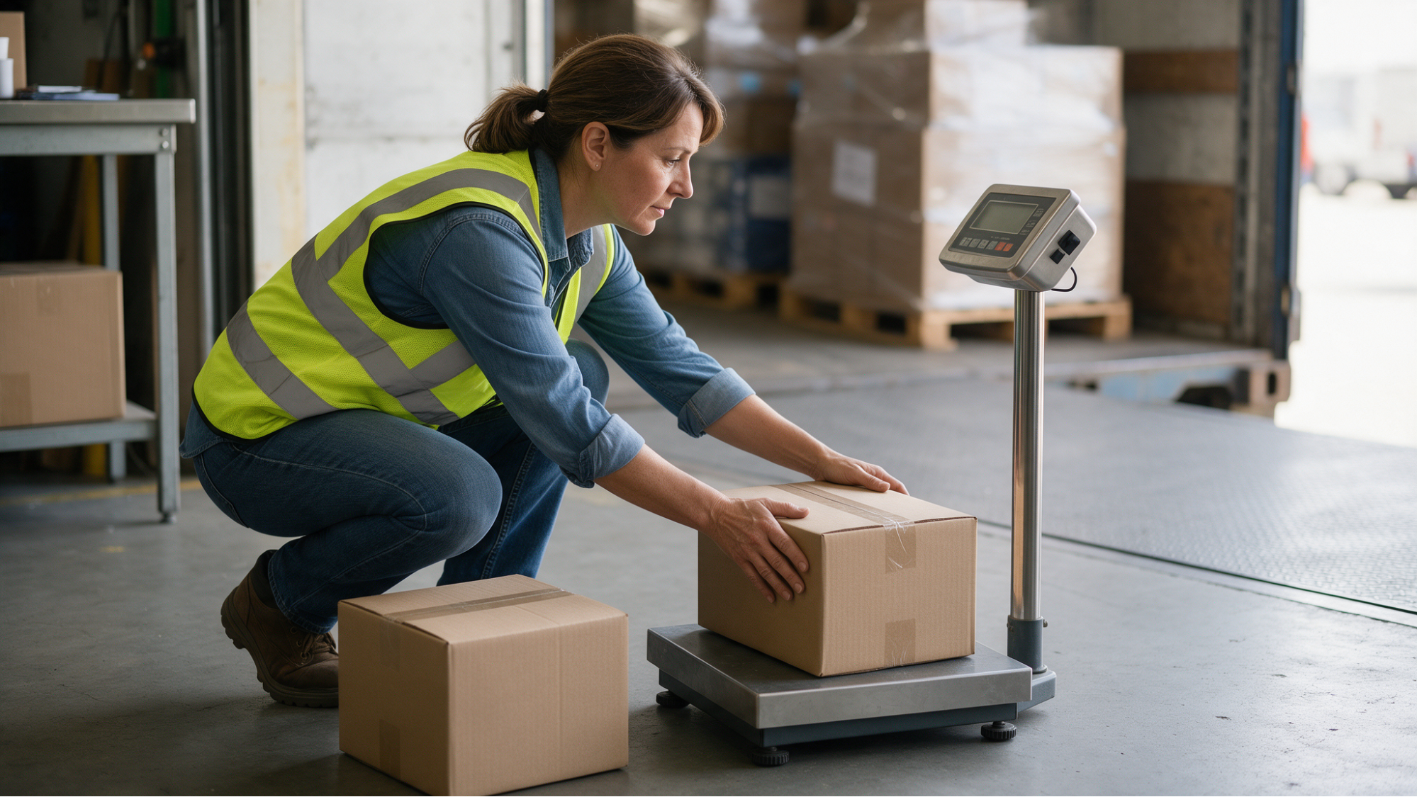 Worker weighing a package on scale
