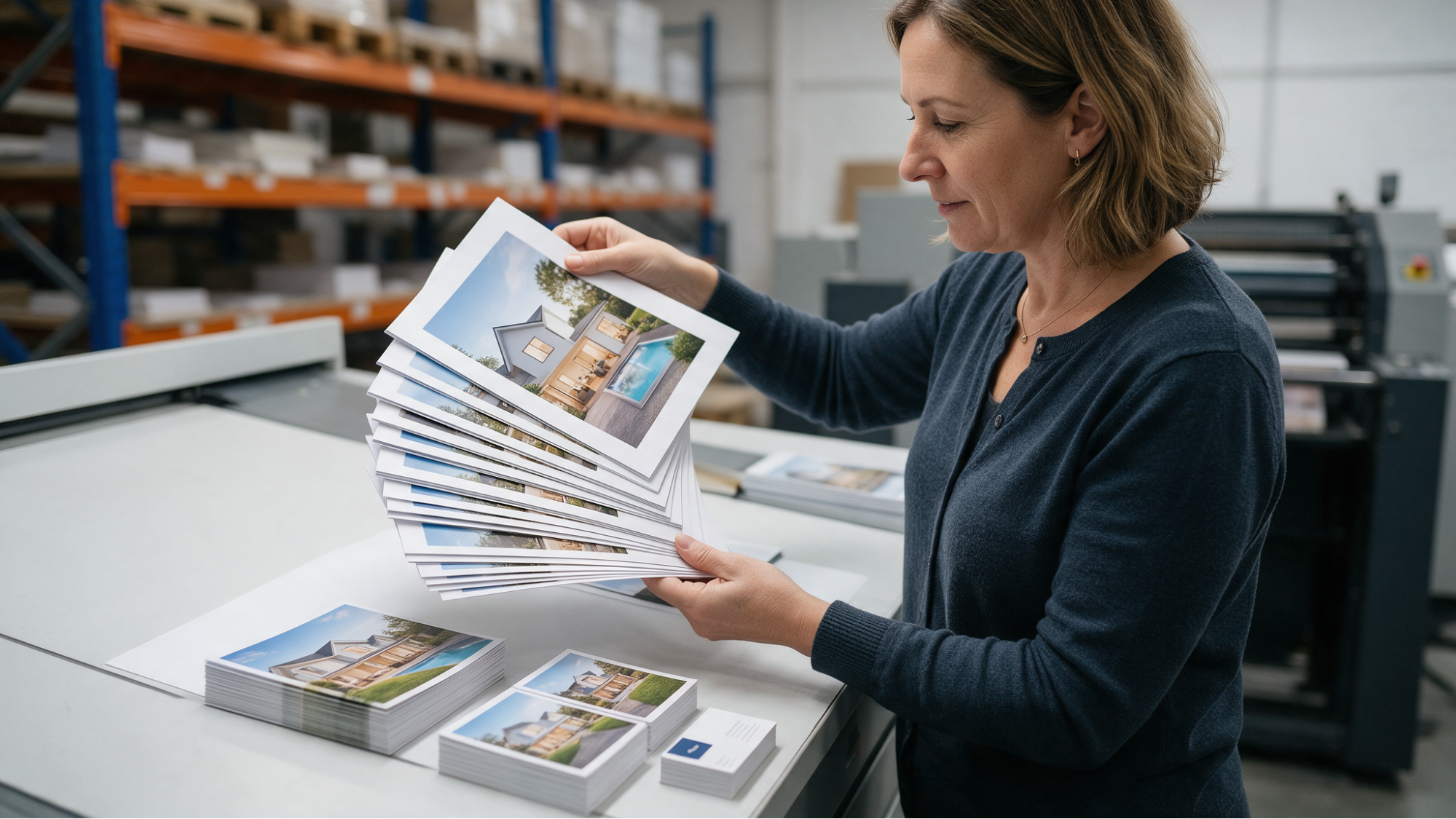 Woman sorting printed brochures in warehouse