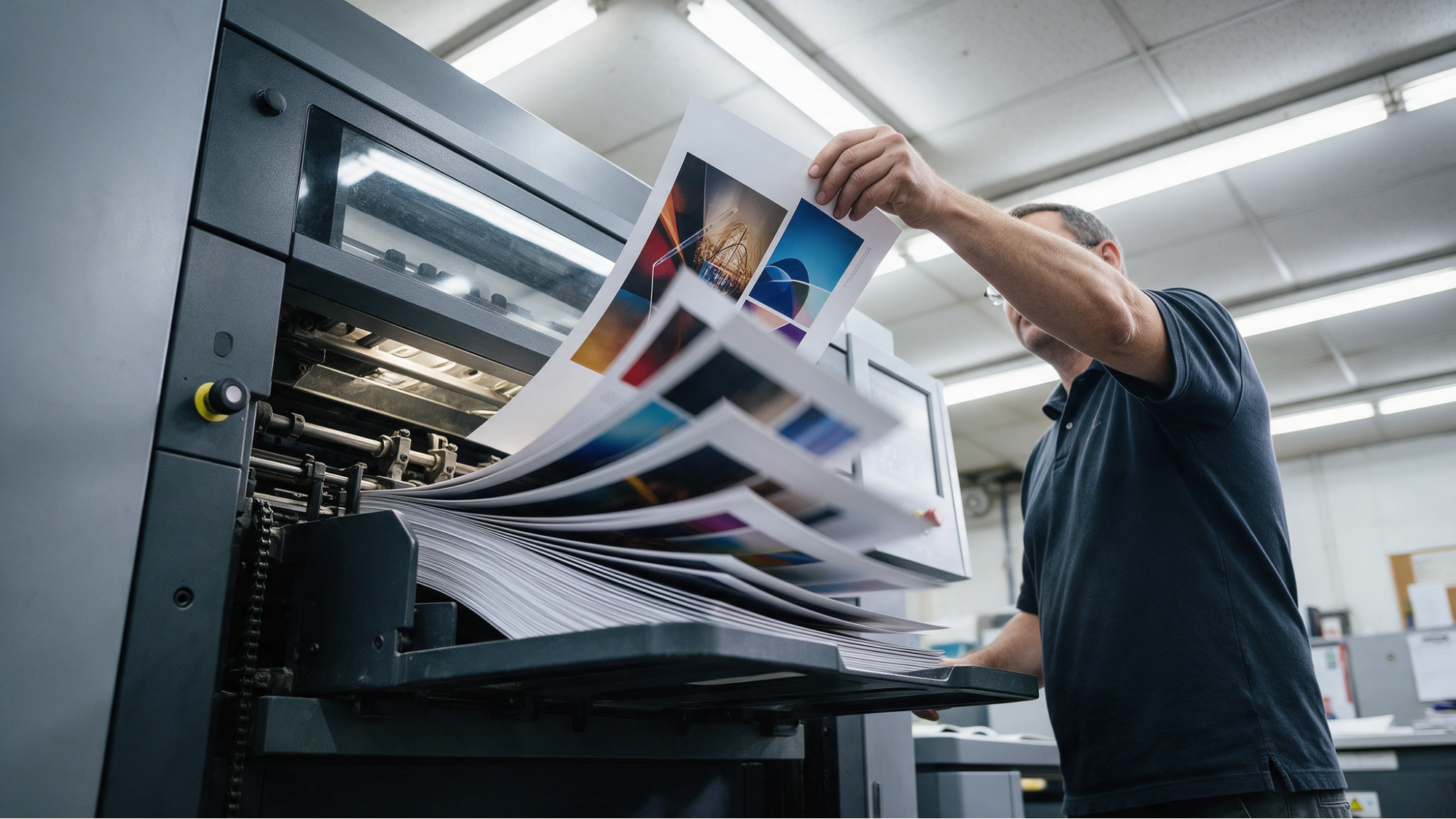 Man checking printing press output
