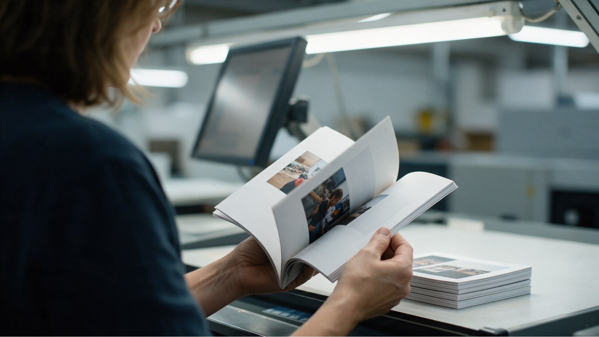 Woman inspecting printed booklet