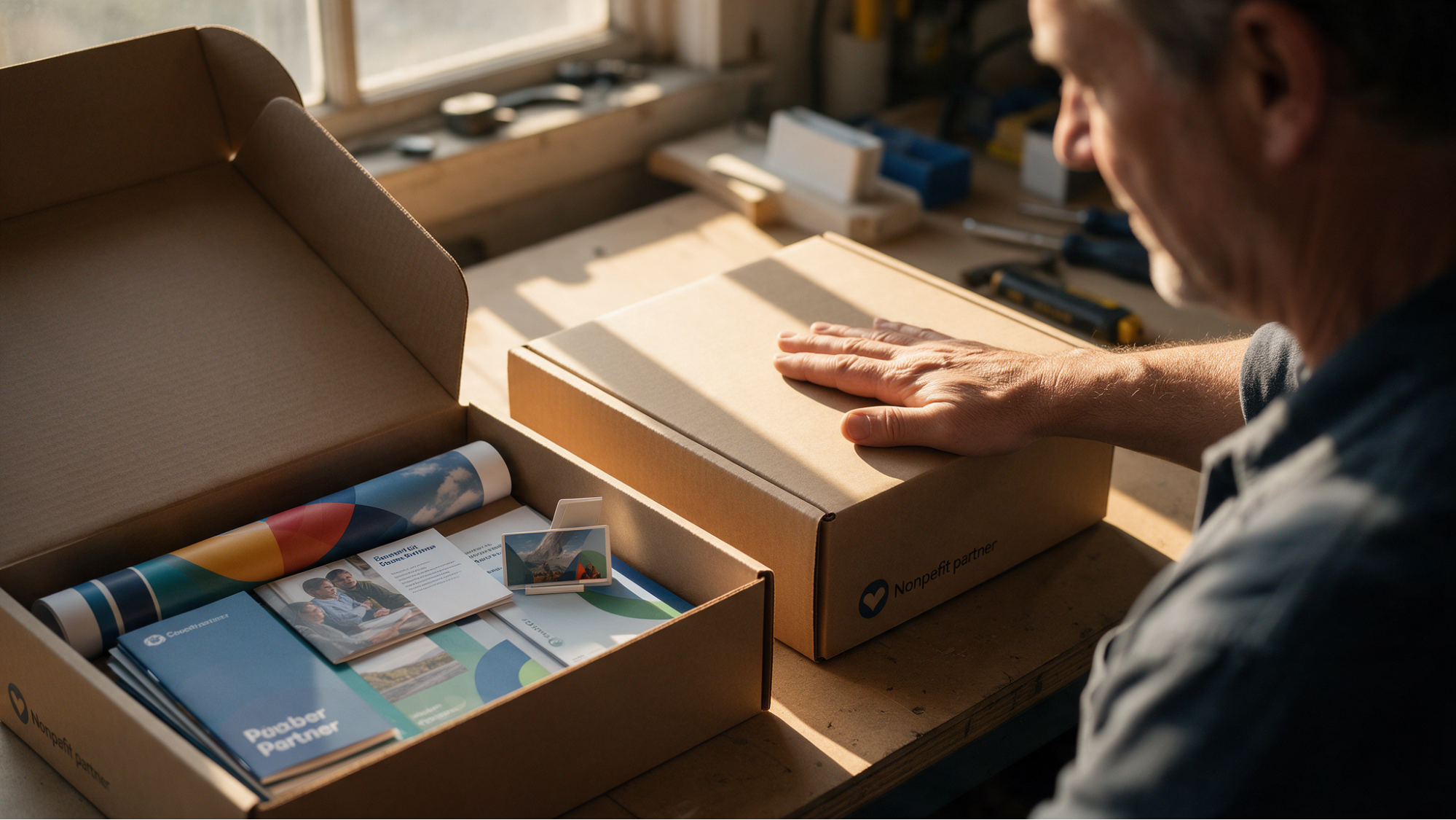 Man sealing nonprofit partner box