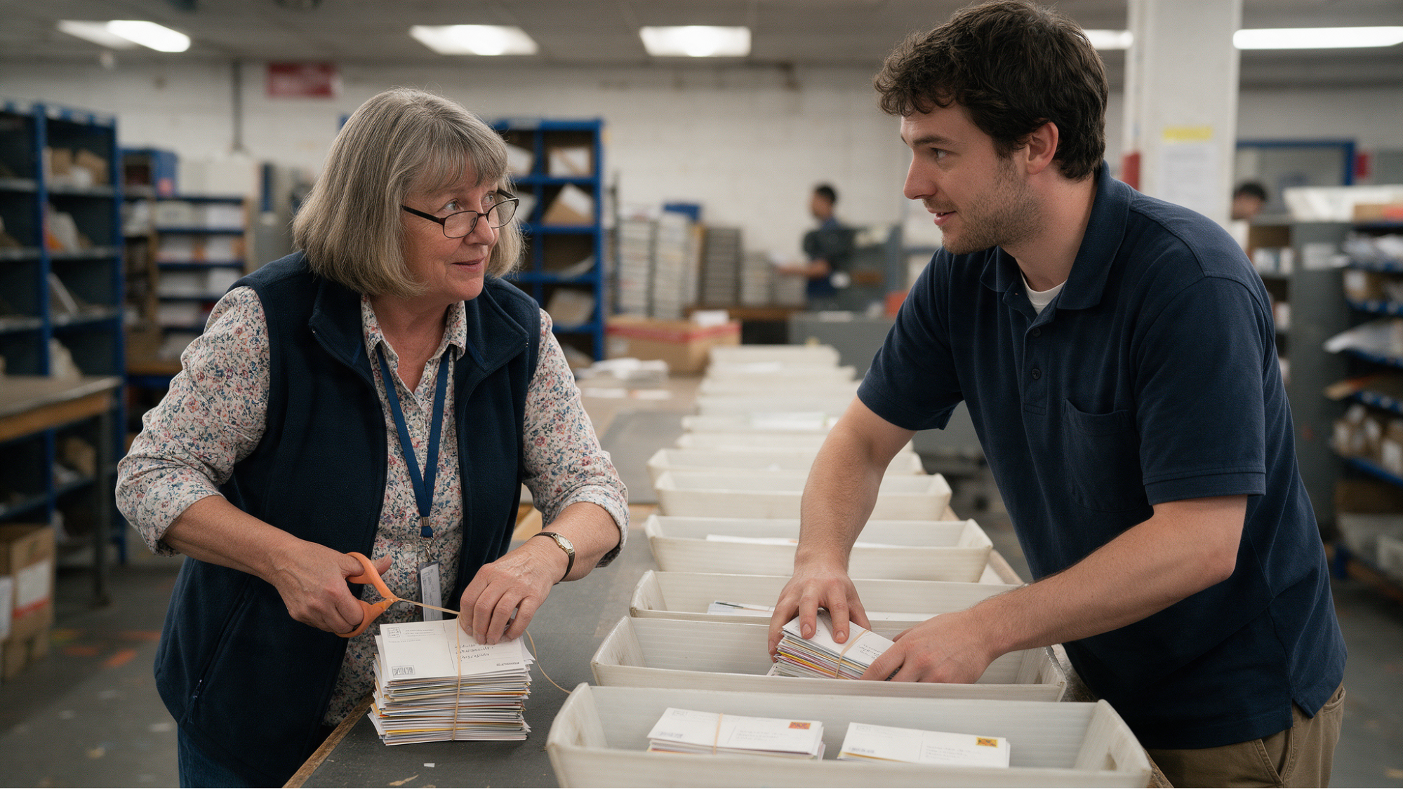 Staff sorting mail into bins