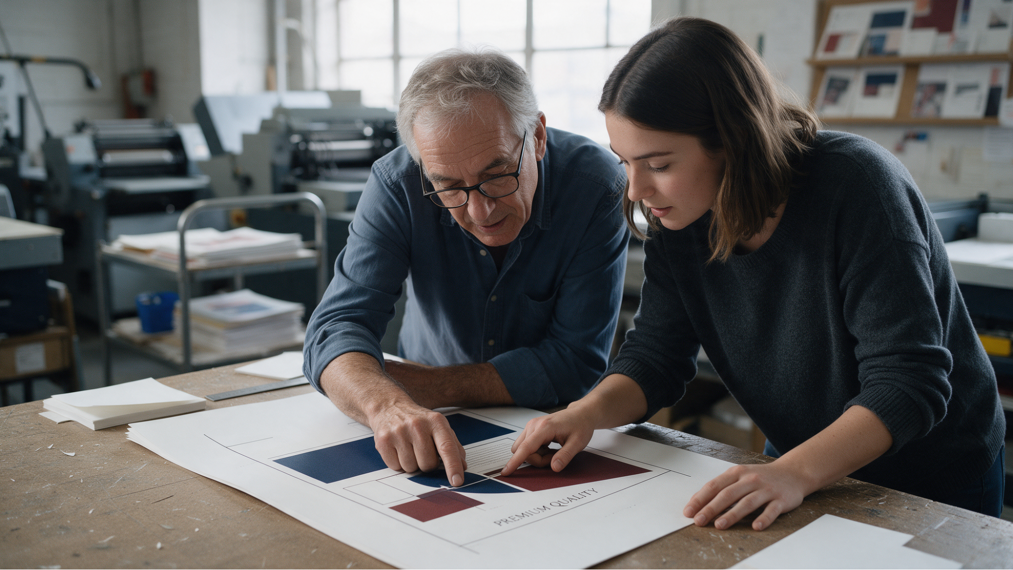 Two workers reviewing a printed design proof.