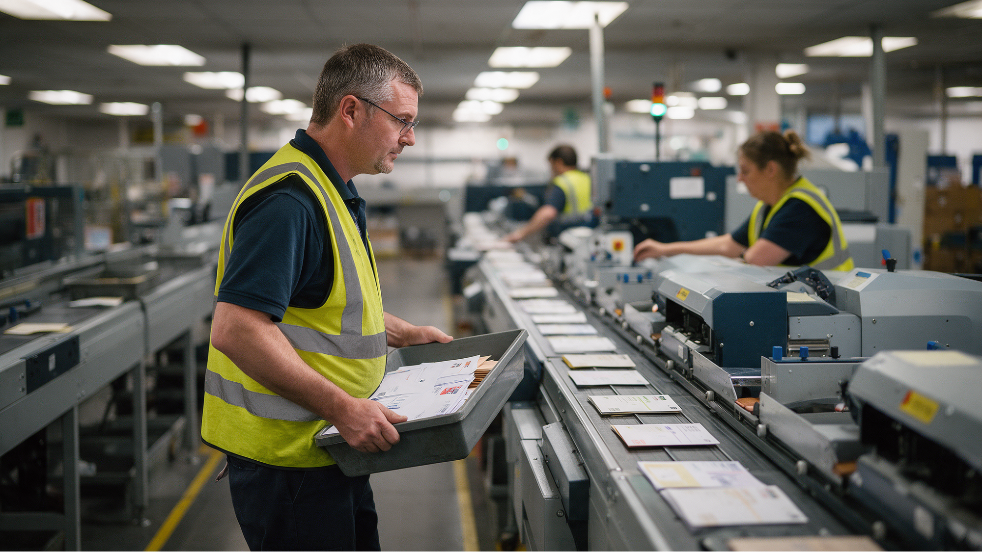 Worker loading mail sorting conveyor