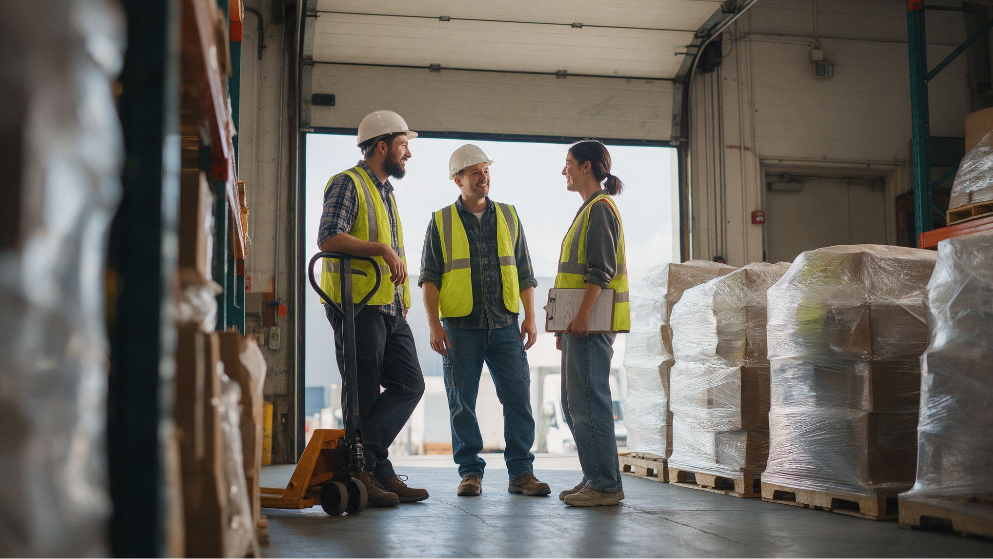Three warehouse workers chatting near loading dock