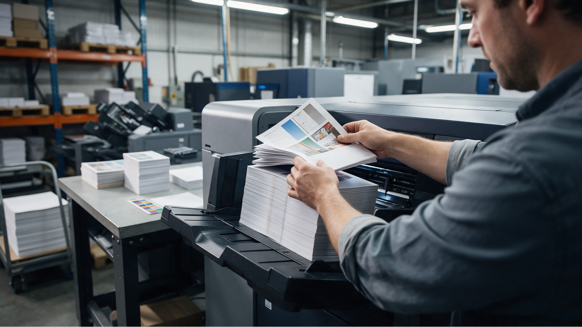 Worker checking printed brochure sheets