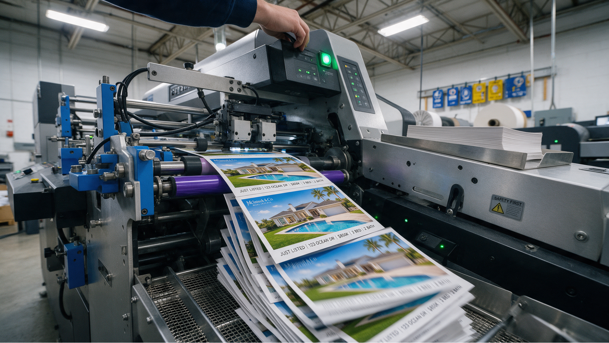 Commercial printing machine producing real estate brochures.