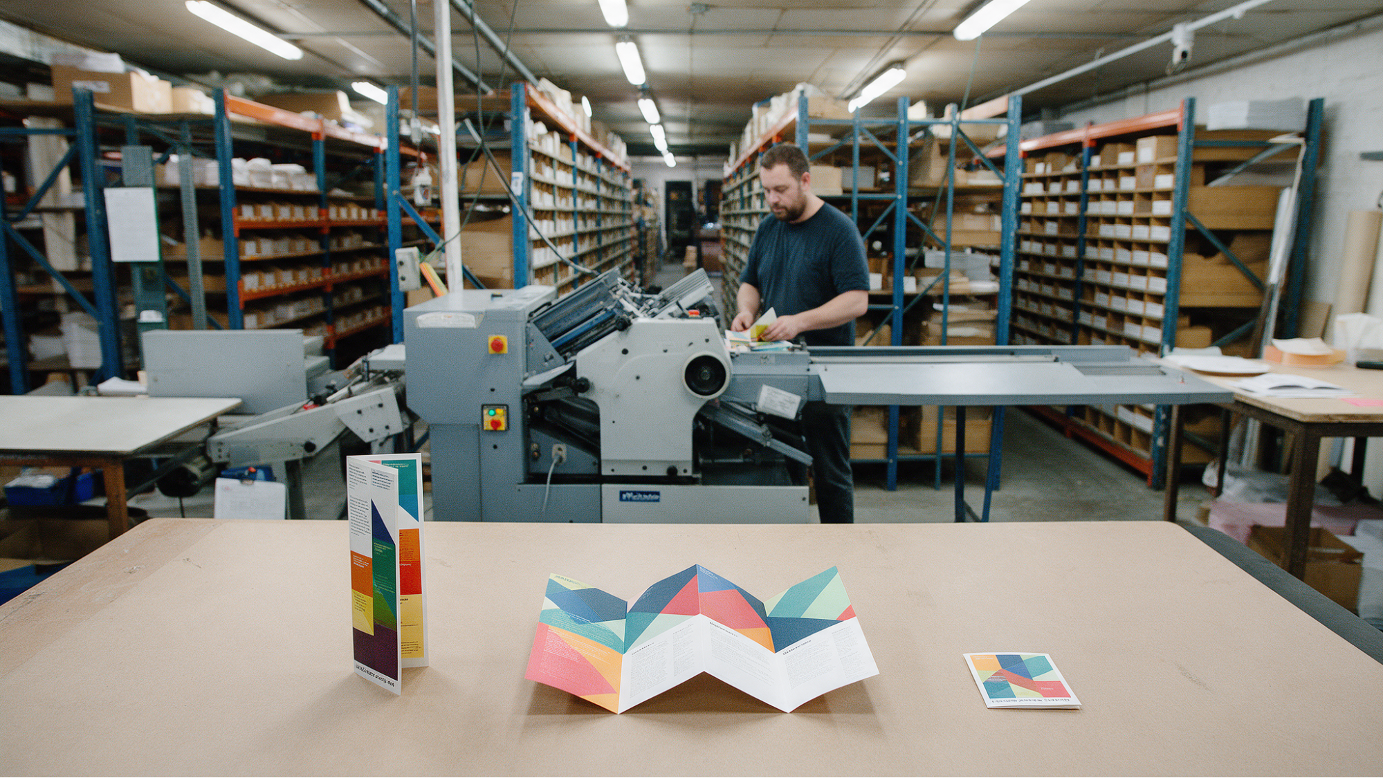 Colorful folded brochures on print shop table