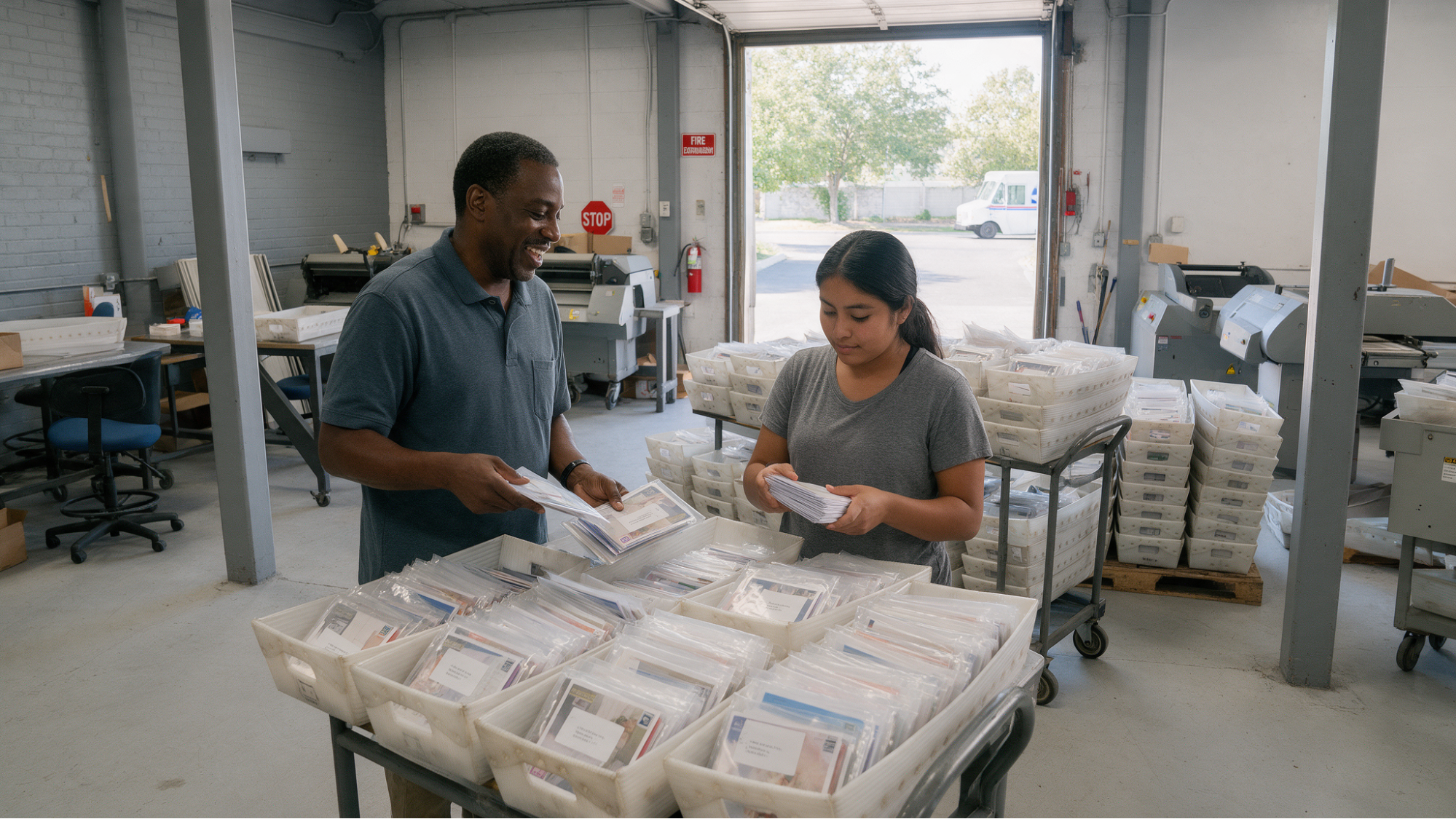 Team sorting printed mail materials