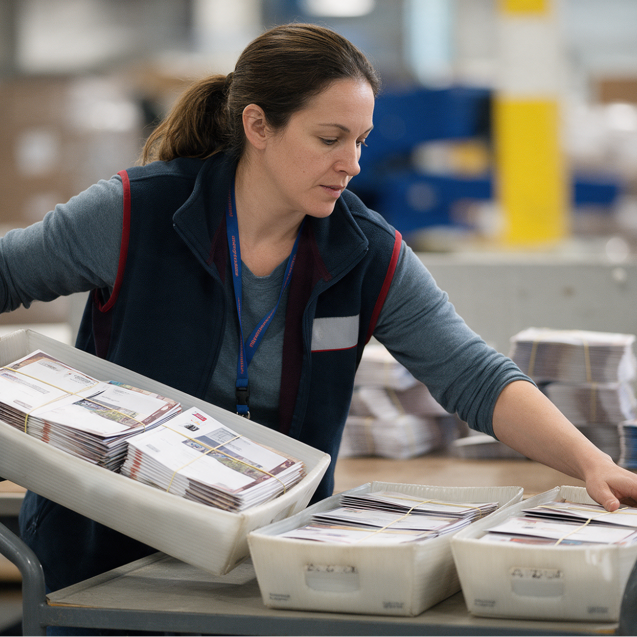 Woman sorting bundled mail trays