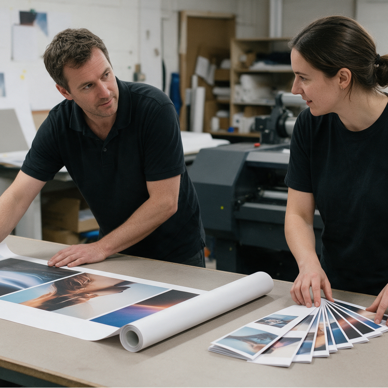 Colleagues reviewing printed photo proofs