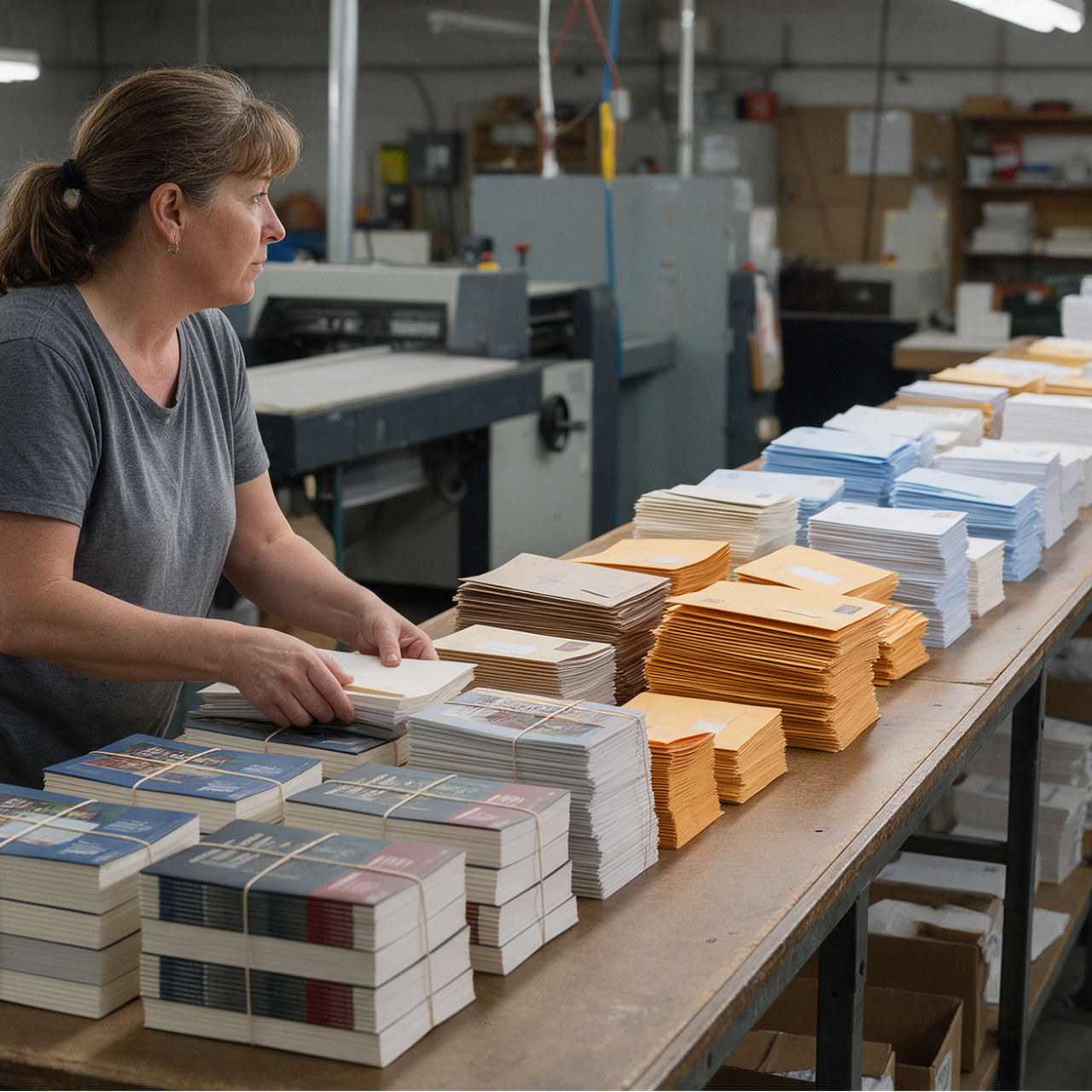 Woman sorting envelopes along long table