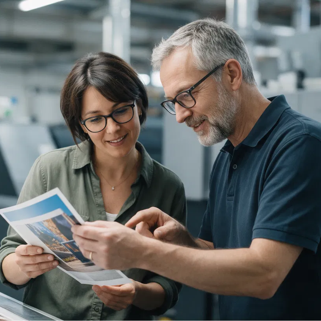 Coworkers discussing printed brochure together