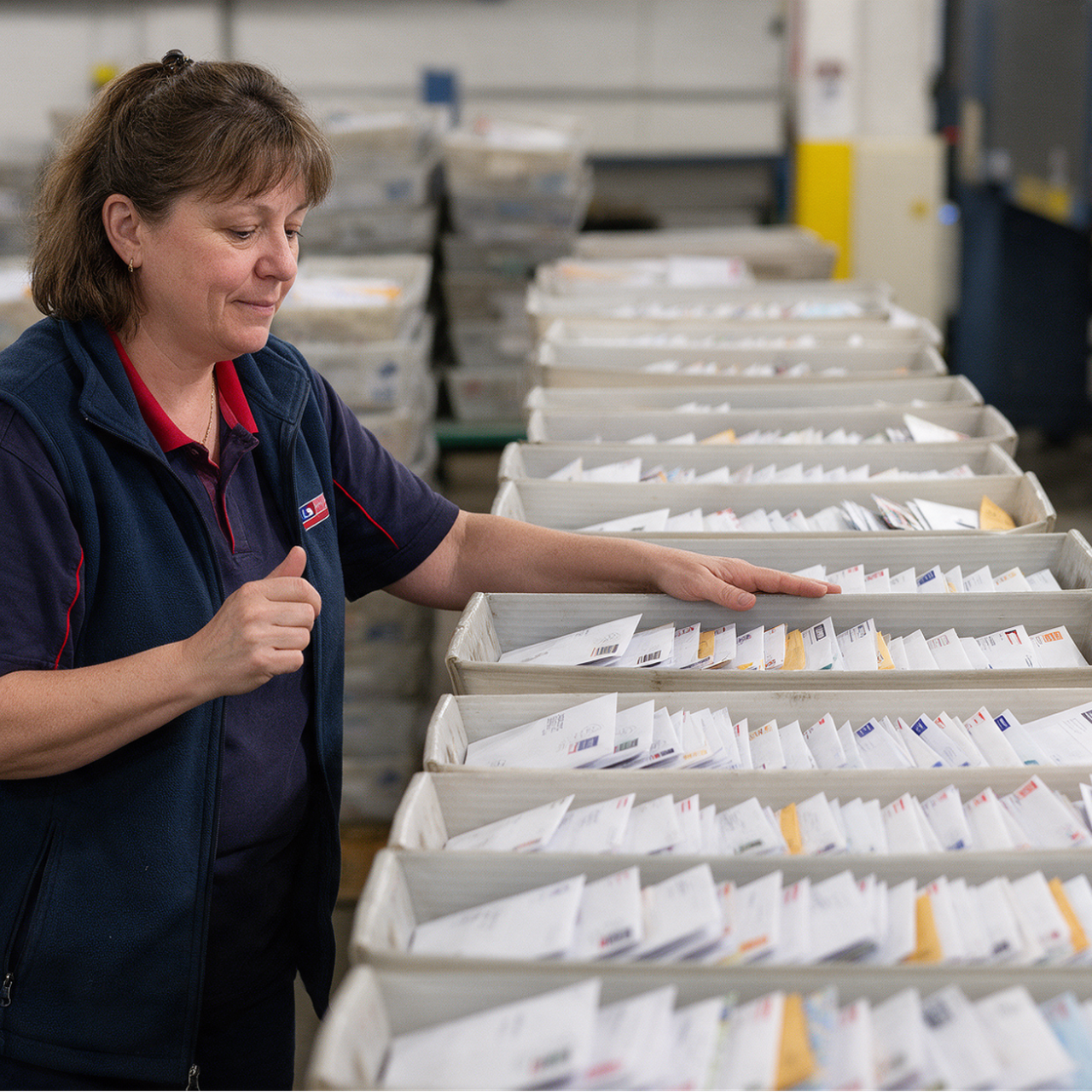 Woman reviewing sorted mail trays