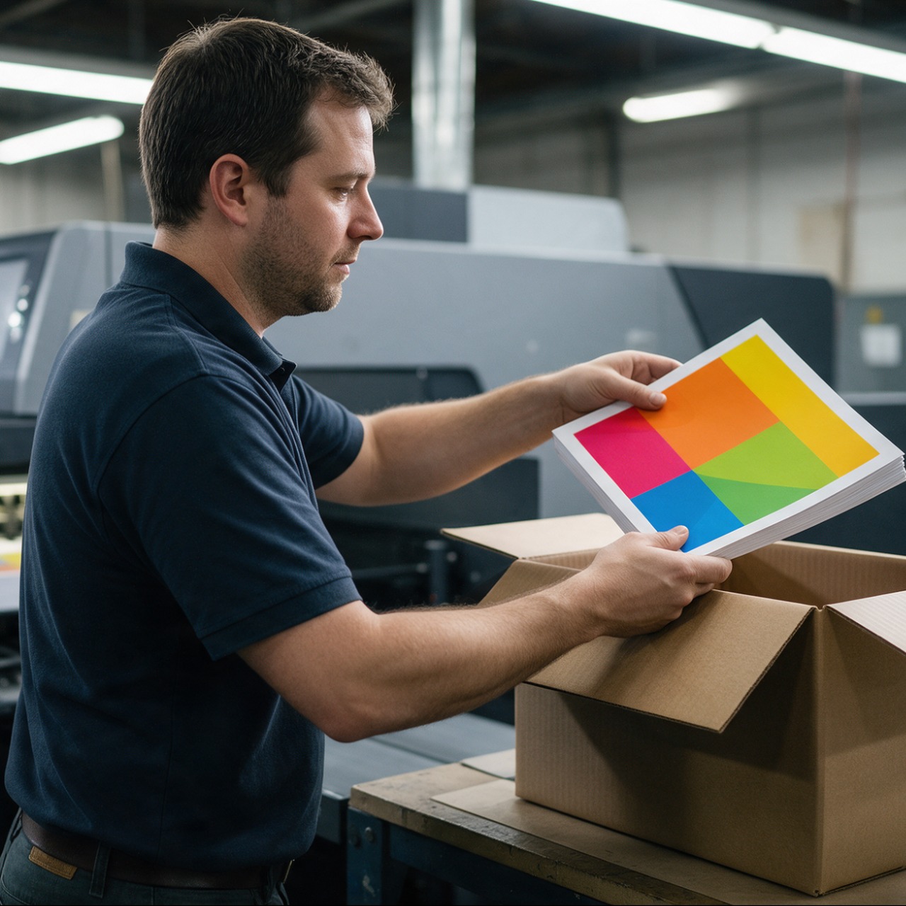 Man packing color prints